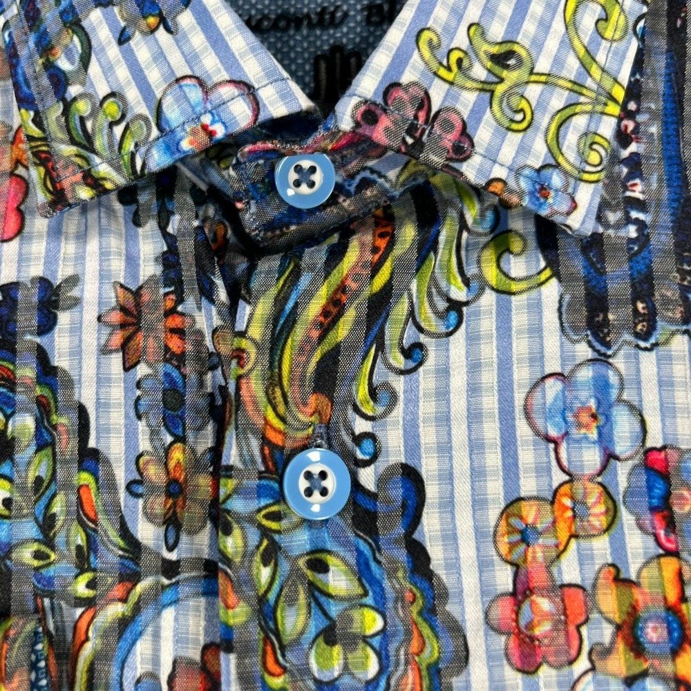 Visconti Black Shirt Mens Small Blue Paisley Striped Long Sleeve Button Up - Picture 10 of 15